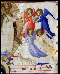 ds 558 f.67v St. Dominic med fyra musikaliska änglar, från en gradual från San Marco e Cenacoli velängdetalj av 88937 & 79797