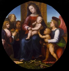 Tillskriven Fra Bartolommeo - Jungfru och barn med Johannes Döparen, Franciskus och tre änglar, ca 1510, K148