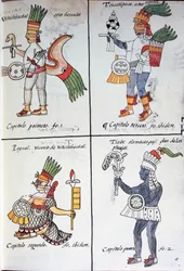Forntida mexikaners gudar, Huitzilopochtli, Tezcatlipoca, Tlaloc och Paynal, text på spanska, från faksimil av manuskriptet General History of Things of New Spain, även känd som Florentine Codex, av Bernardino de Sahagun
