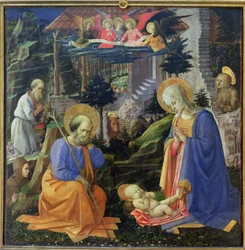 Tillbedjan av barnet med de heliga Hilarius, Hieronymus, Maria Magdalena och änglar