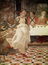 Salome dansar vid Herodes fest, detalj ur freskcykeln om de heliga Stefanus och Johannes Döparens liv i huvudkapellet, 1452-64