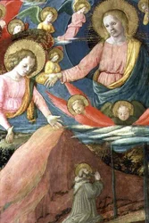 The Death of St. Hieronymus med Inghirami som donator, detalj som visar den himmelska värden och änglar, 1459-60