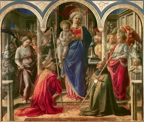 Jungfrun och barnet omgiven av änglar, St. Frediano (Fridianus av Lucca eller Frigidanus, Frigidian, Frygian) och St. Augustine, känd som Pala Barbadori, altartavla av Filippo Lippi (1406-1469) 1437-1 Sponsrad av Barbadori-familjen för baren