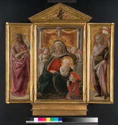 Triptyk: Madonna och barn med St. Johannes Döparen och St. George, ca 1437 (panel)