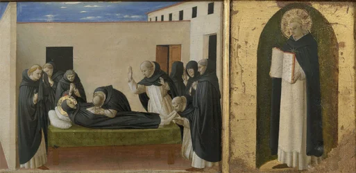 Saint Dominic och Saint Thomas Aquinos död. Cortona Polyptych detalj av predella, c1437.