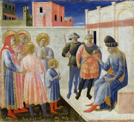 De heliga Cosmas och Damian med sina bröder inför prokonsuln Lysias..., ca. 1440.
