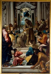 Saint Francois av Assisi (1181-1223) klipper håret på Saint Claire (1193-1253). Målning av Semplice De Verona (1589-1654) Ec. Ital.