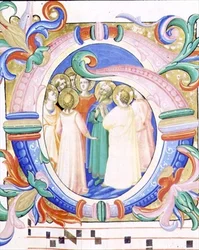 Missal 558 f.41v Historierad initial "G" som visar pingsten.
