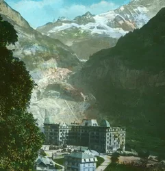 Bear Hotel, glaciär och Fiescherhorn, Grindelwald, Schweiz, sent 1800-tidigt 1900-tal.