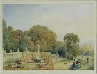 Utsikt över trädgårdarna i Chatsworth, Derbyshire, ca 1820 (par 85760)