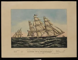 Till Aaron J Westervelt Esq. byggare av New York clipper ship Sweepstakes tillägnas detta tryck respektfullt av utgivarna..., litografi, färg (litografi, färg)