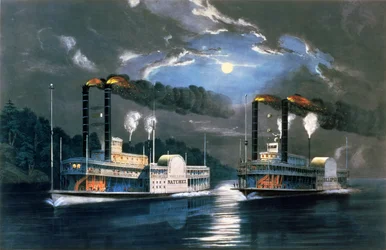 A Midnight Race on the Mississippi, efter en teckning av H.D. Manning, utgiven av Currier and Ives, New York, 1860.