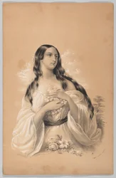 Kvinna som håller blommor i The New York Drawing Book, som innehåller en serie originaldesign..., 1847.
