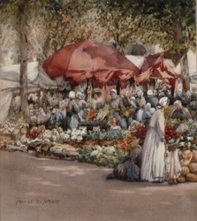 Marknadsdagen, norra Frankrike ca 1910 (akvarell på papper)