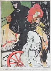 Teckning som föreställer en taxichaufför med en kurtisan, 1901