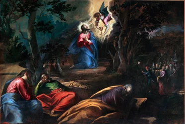 Bönen i olivträdens trädgård Till höger kommer Judas med soldaterna för att stoppa Jesus Kristus. Målning av Francesco Bassano den unge (ca 1549-1592) Venedig, Chiesa del Redentore, Italien