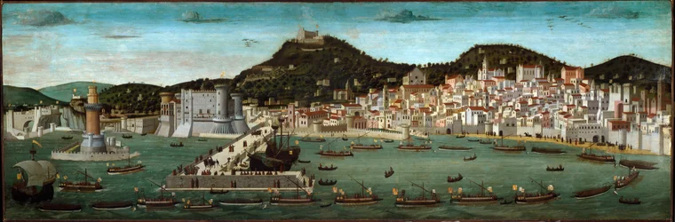Tavola Strozzi: återkomsten av den aragoniska flottan segrande i slaget vid Ischia 1465 (tempera på trä