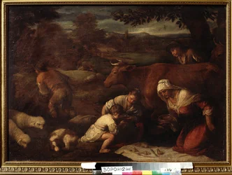 ""Le soir"" (kväll) Familj av herdar, kvinnor och barn som äter lunch på gräset. Målning av följet av Jacopo Bassano (da Ponte) (1510-1592) 1500-talets Ivan Kramskoy (eller Kramskoi) konstmuseum i Voronezh (Voronezh), Ryssland.
