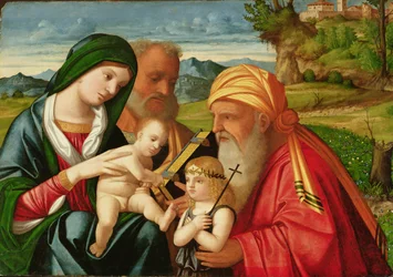 Den heliga familjen med S:t Simeon och Johannes Döparen, tidigt 1500-tal (olja på pannå)