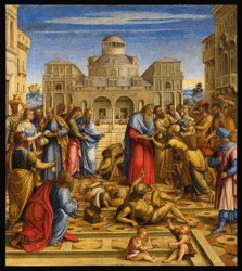 Sankt Johannes kapellan (Johannes V av Alexandria eller Johannes av Cypern) (556-619), ortodox patriark av Alexandria, som delar ut pengar till de fattiga på gatorna i staden - Johannes den barmhärtige i Alexandria - Målning av Francesco di Bernardo de Vec