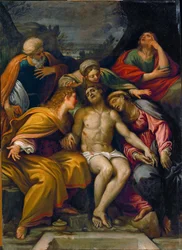 Avbildning, med aposteln Johannes, den heliga Magdalena, Marie-Salome, Josef av Arimatea och den heliga Maria ...