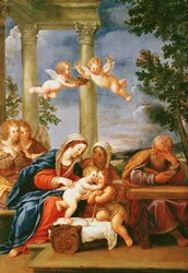 Den heliga familjen med St. Elizabeth och St. John the Baptist, ca 1645-50 (olja på koppar)