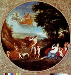 Venus och Adonis Målning av Francesco Albani (1578-1660) sa det albanska 1600-talets Rom, Galleria Borghese