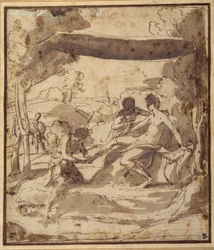 Venus, liggande under en rustik baldakin, med Adonis som fäster sin sandal (penna och bläck med tvätt på papper)