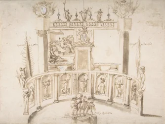 Design för en trädgårdsfest med en halvcirkelformad vägg och statyer i nischer., ca. 1635-79.