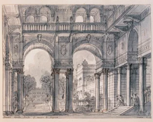 Scenografi för den andra scenen av "" Les noces de Figaro (Figaros bröllop) av Wolfang Amadeus Mozart (1756-1791) i regi av scenografen Francesco Bagnara (1784-1866) 1820-1839 Venedig Museo Correr