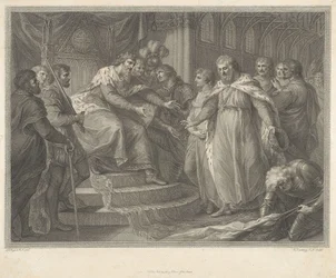 Edvard, prins av Wales, presenterar den tillfångatagne franske kungen Johan och hans söner för sin far Edvard III efter slaget vid Poitiers