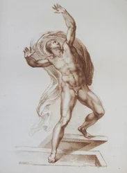 Manlig figur kopierad från Michelangelos "Den sista domen" (gravyr)