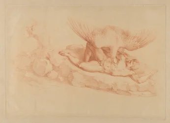 Prometheus, naken, kedjad vid en sten, tittar upp på en örn som står över honom, 1795.