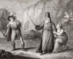 Prospero avväpnar Ferdinand. Shakespeare. Stormen (gravyr)