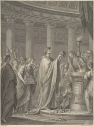 Den romerske fältherren Julius Caesar inviger Venus Genetrix tempel på Caesars forum i Rom, 46 f.Kr.