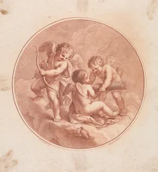 Drei Cupidos mit Bögen und Pfeilen und zwei Tauben