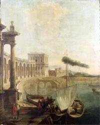 En capriccio, hamn med figurer som lastar en färja