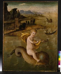 Arion rider på en delfin, c.1509-10 tempera & olja på panel