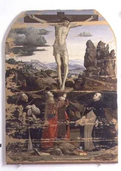 Korsfästelse med St Dominic, St. Maria Magdalena och St. Peter Martyr (panel)