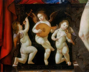 Tre musikaliska änglar. Detalj av altartavlan av Madonnan tronad med de heliga Jerome och Sebastian, av Francesco Bianchi Ferrari, San Pietro-kyrkan, Modena