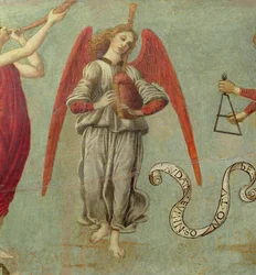 Ängel som spelar säckpipa, c.1475-97 tempera på paneldetalj av 64871, se även 64873 och 64874