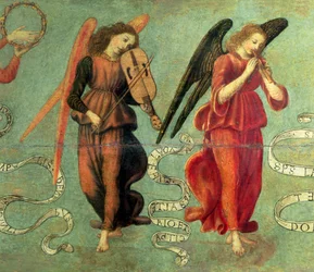 Änglar som spelar fiol och pipa, c.1475-97 tempera på paneldetalj av 64871, se även 64872 och 64873