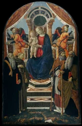 Madonna och barn tronade med heliga och änglar.