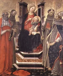 Madonna och barn med SS. Hieronymus, Franciskus av Assisi, Antonius av Padua och Ludvig av Toulouse (tempera på panel)