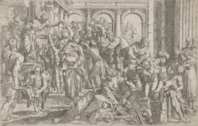 Saint Roch till vänster delar ut allmosor till en grupp människor som samlats runt honom, efter ..., 1590-1600.