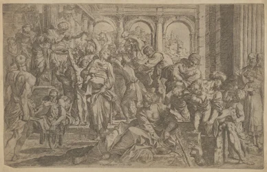 Saint Roch till vänster delar ut allmosor till en grupp människor som samlats runt honom, efter A..., ca. 1607.