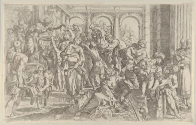 Saint Roch till vänster delar ut allmosor till en grupp människor som samlats runt honom, af..., ca. 1590-1600.