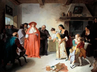 Kardinal Borromeo på besök hos Lucy i skräddarhuset, scen från Trolovad av Alessandro Manzoni (1785-1873), av Francesco Coghetti (1804-1875), olja på duk, 35,3 x 47,4 cm