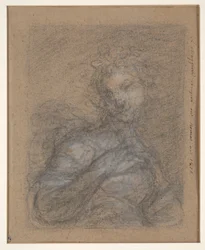 Halvlång kvinnlig figur (recto); Sittande soldat i rustning (verso)
