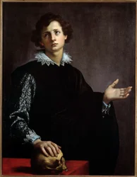 Porträtt av en ung man. Målning (Vanita) av Francesco Currado (1570-1661)
